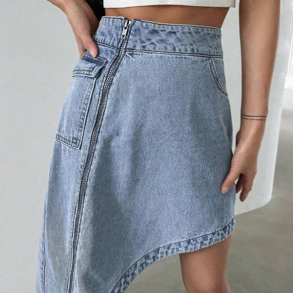 Blue High Waist Asymmetrical Hem Denim Skirt - Picture 3 of 5